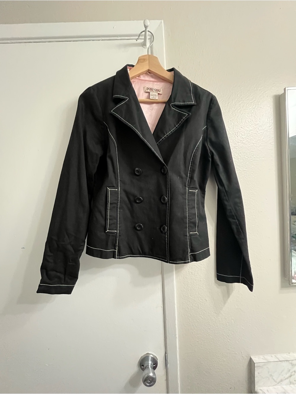 Dollhouse Black Double-Breasted Blazer with White Contrast Stitching